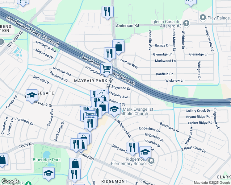 map of restaurants, bars, coffee shops, grocery stores, and more near 5421 Maywood Drive in Houston