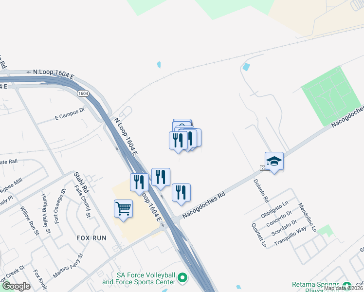map of restaurants, bars, coffee shops, grocery stores, and more near 6909 North Loop 1604 East in San Antonio