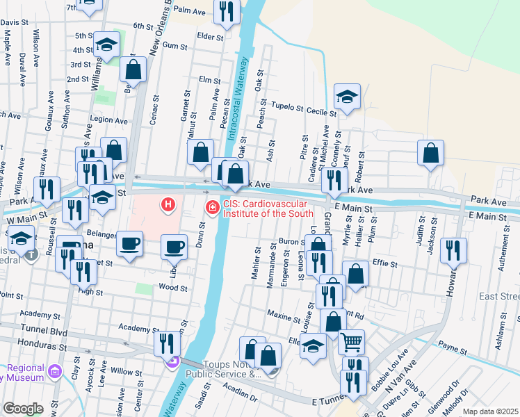 map of restaurants, bars, coffee shops, grocery stores, and more near 116 Mahler Street in Houma