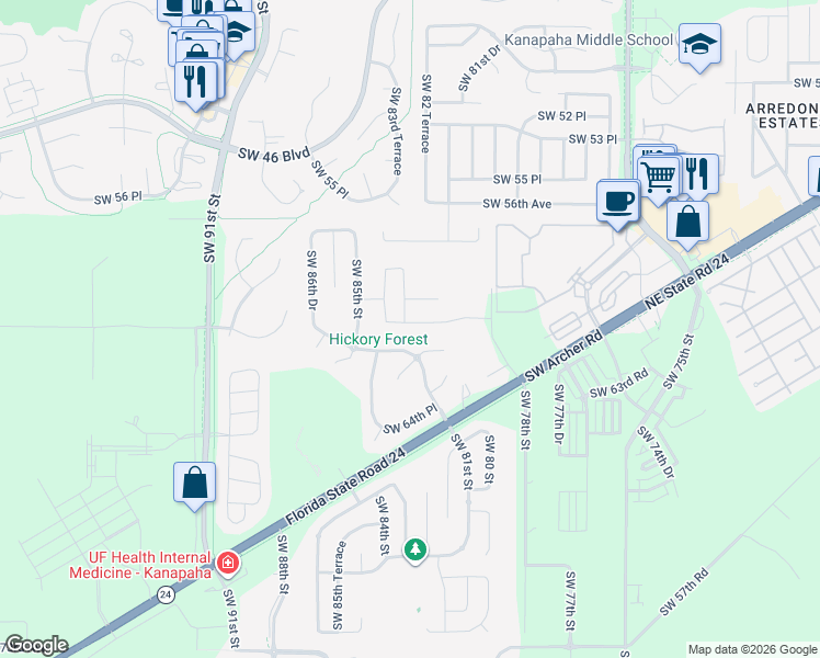 map of restaurants, bars, coffee shops, grocery stores, and more near 8214 Southwest 61st Place in Gainesville