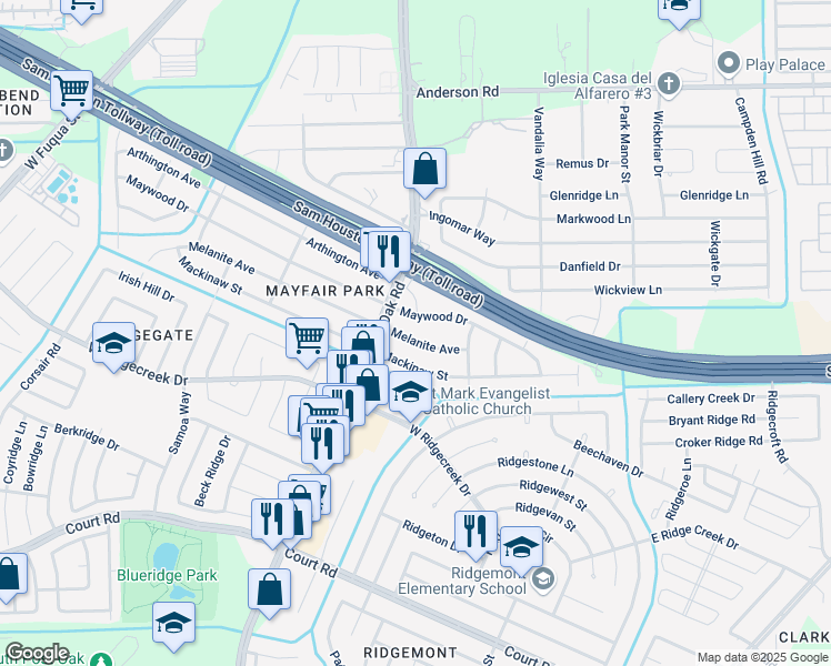 map of restaurants, bars, coffee shops, grocery stores, and more near 5421 Maywood Drive in Houston
