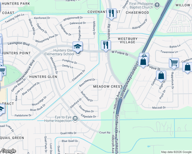 map of restaurants, bars, coffee shops, grocery stores, and more near 2126 Rittenmore Drive in Missouri City