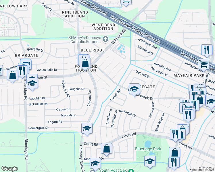 map of restaurants, bars, coffee shops, grocery stores, and more near 15751 Briargate Court in Missouri City
