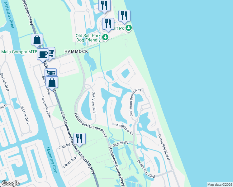 map of restaurants, bars, coffee shops, grocery stores, and more near 24 Las Palmas Way in Palm Coast