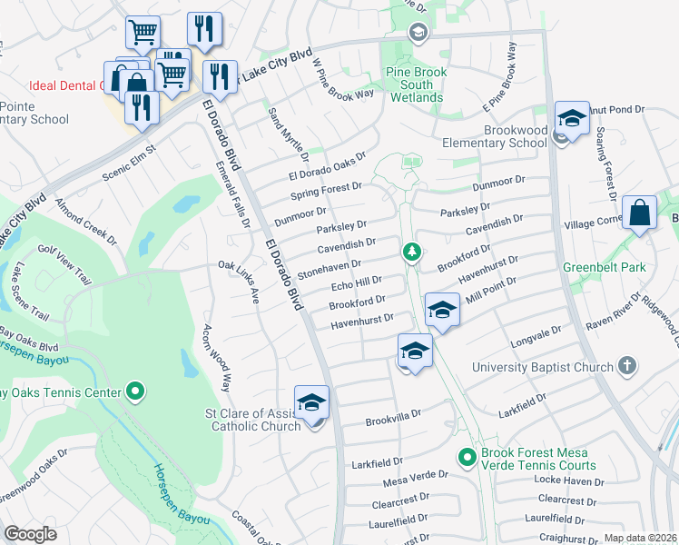 map of restaurants, bars, coffee shops, grocery stores, and more near 15818 Stonehaven Drive in Houston