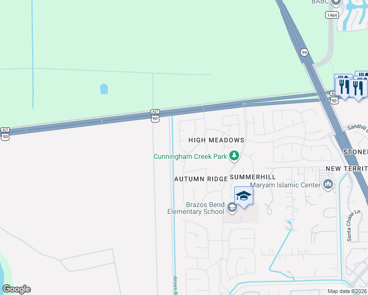 map of restaurants, bars, coffee shops, grocery stores, and more near 206 West New Meadows Drive in Sugar Land
