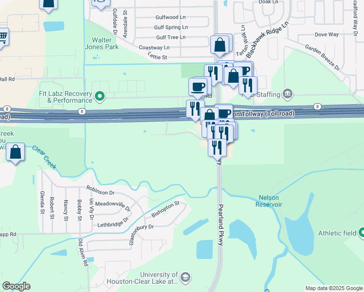 map of restaurants, bars, coffee shops, grocery stores, and more near 11576 Pearland Parkway in Houston