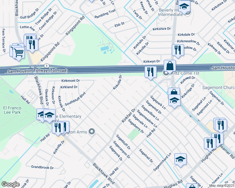 map of restaurants, bars, coffee shops, grocery stores, and more near 10406 Sagemeadow Lane in Houston