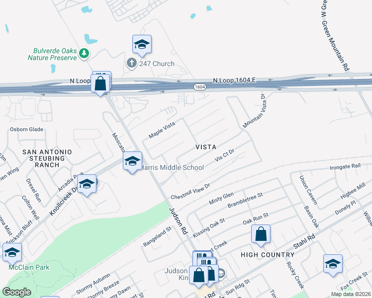 map of restaurants, bars, coffee shops, grocery stores, and more near 5362 Vista Glen Street in San Antonio