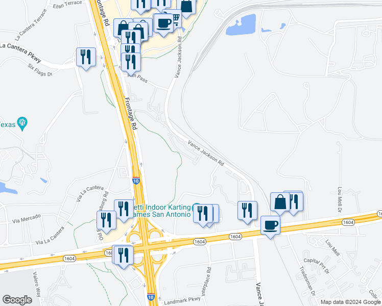 map of restaurants, bars, coffee shops, grocery stores, and more near 16631 Vance Jackson Road in San Antonio