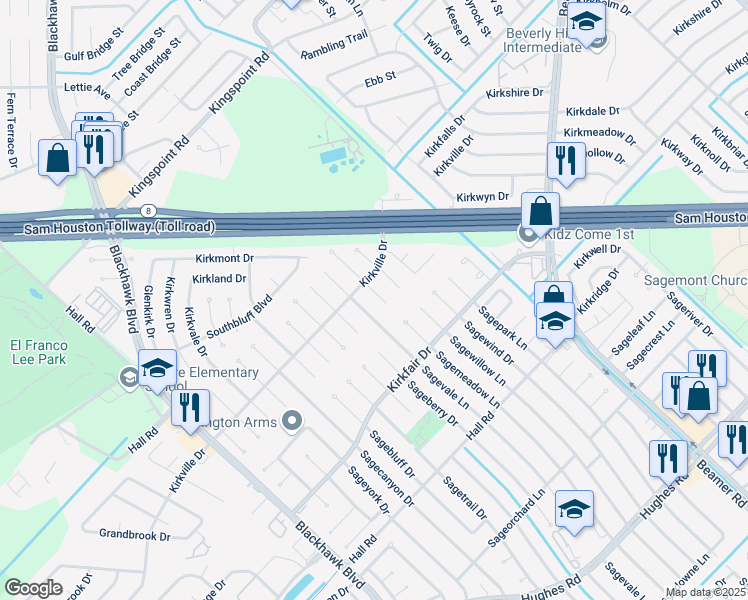 map of restaurants, bars, coffee shops, grocery stores, and more near 10406 Sagemeadow Lane in Houston