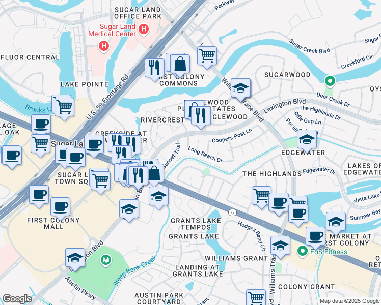 map of restaurants, bars, coffee shops, grocery stores, and more near 2430 Long Reach Drive in Sugar Land