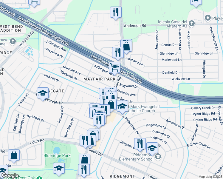 map of restaurants, bars, coffee shops, grocery stores, and more near 5501 Melanite Street in Houston