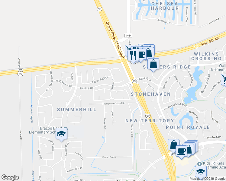 map of restaurants, bars, coffee shops, grocery stores, and more near 4728 Silverlake Drive in Sugar Land