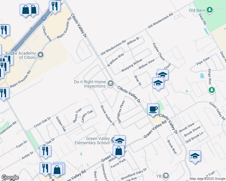 map of restaurants, bars, coffee shops, grocery stores, and more near 104 Springtree Cliff in Cibolo