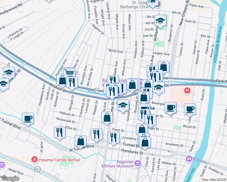 map of restaurants, bars, coffee shops, grocery stores, and more near 106 Park Ave in Houma