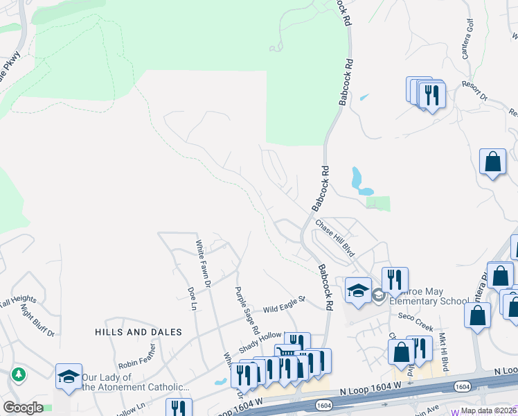 map of restaurants, bars, coffee shops, grocery stores, and more near 7430 Moss Brook Drive in San Antonio