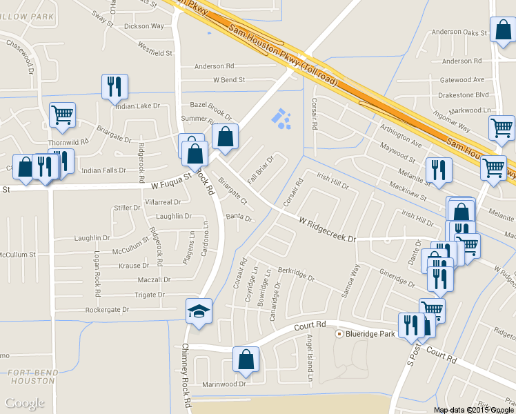 map of restaurants, bars, coffee shops, grocery stores, and more near 15751 Briargate Court in Missouri City