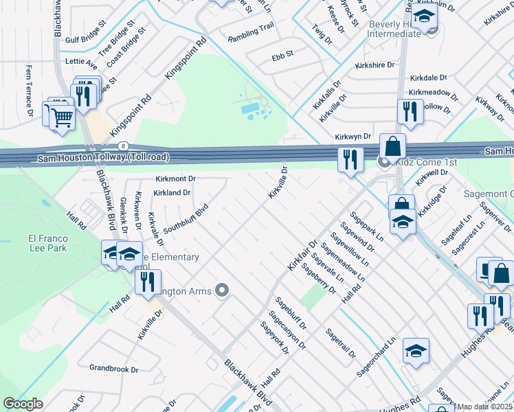 map of restaurants, bars, coffee shops, grocery stores, and more near 10327 Sageberry Drive in Houston