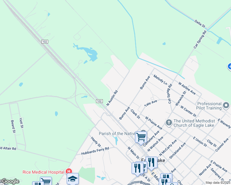map of restaurants, bars, coffee shops, grocery stores, and more near 600 North Austin Road in Eagle Lake