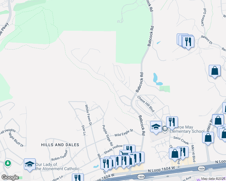 map of restaurants, bars, coffee shops, grocery stores, and more near 7430 Moss Brook Drive in San Antonio
