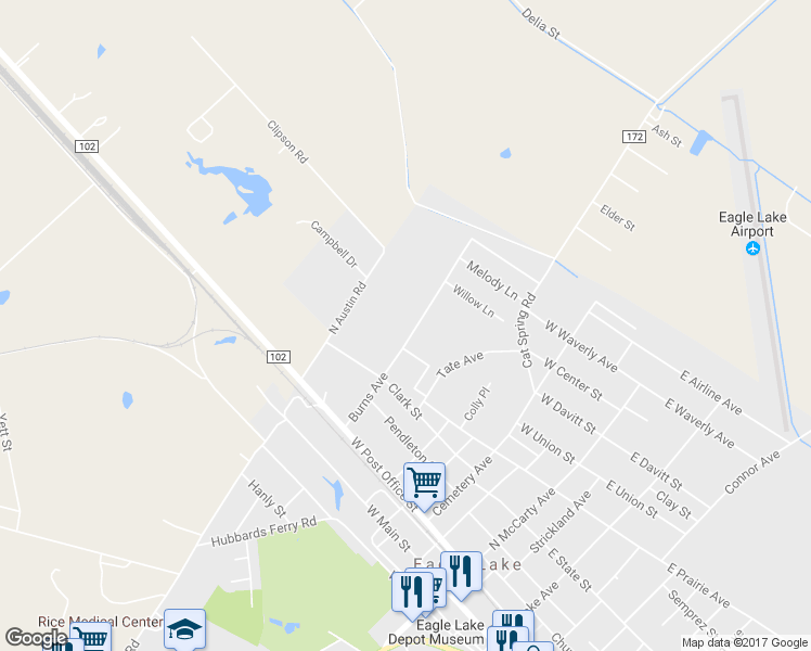map of restaurants, bars, coffee shops, grocery stores, and more near 701 Burns Avenue in Eagle Lake