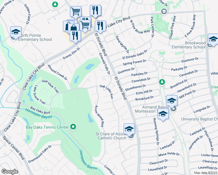 map of restaurants, bars, coffee shops, grocery stores, and more near 3503 Emerald Falls Court in Houston