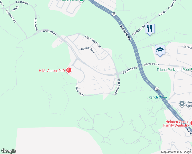 map of restaurants, bars, coffee shops, grocery stores, and more near 16605 Loma Landing in Helotes