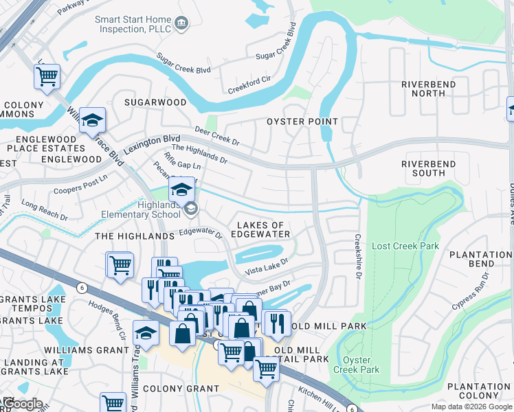 map of restaurants, bars, coffee shops, grocery stores, and more near 3310 Pecan Point Drive in Sugar Land