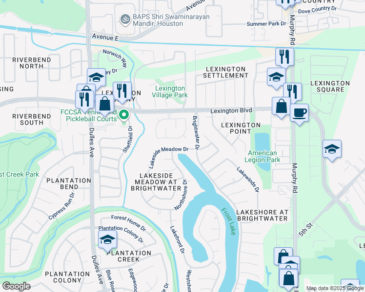 map of restaurants, bars, coffee shops, grocery stores, and more near 4422 Lakeside Meadow Drive in Missouri City