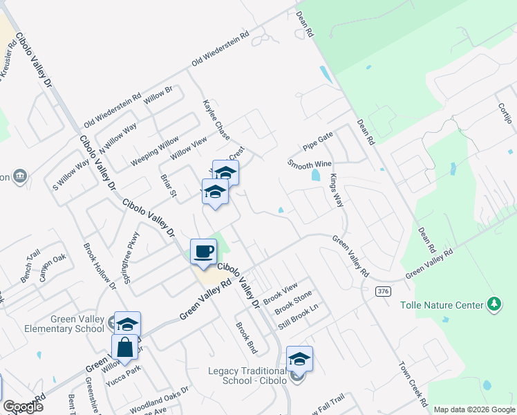 map of restaurants, bars, coffee shops, grocery stores, and more near 2501 Green Valley Road in Cibolo