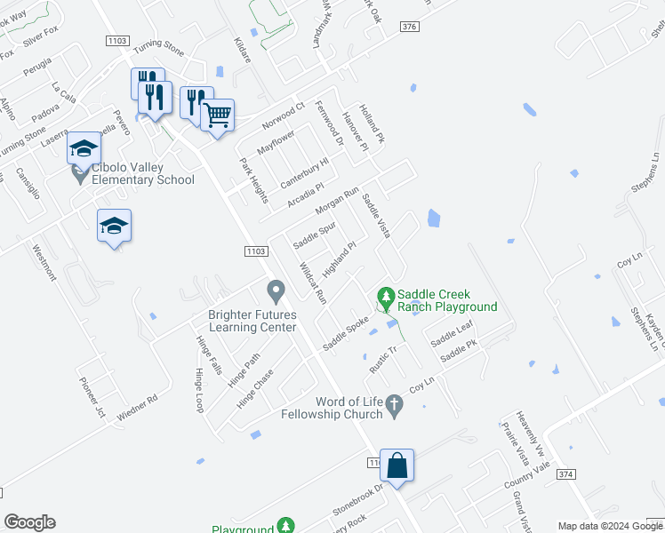 map of restaurants, bars, coffee shops, grocery stores, and more near 232 Highland Place in Cibolo