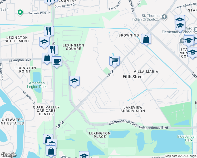 map of restaurants, bars, coffee shops, grocery stores, and more near 1122 Rosas Street in Stafford