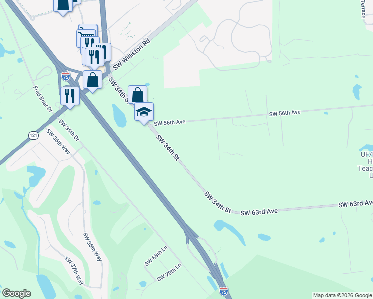 map of restaurants, bars, coffee shops, grocery stores, and more near 5881 Southwest 34th Street in Gainesville