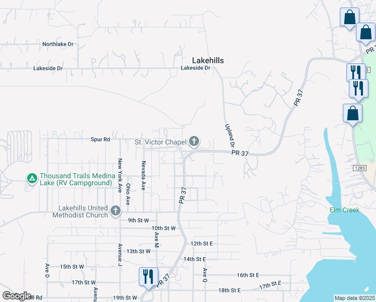 map of restaurants, bars, coffee shops, grocery stores, and more near 10514 Park Road 37 in Lakehills