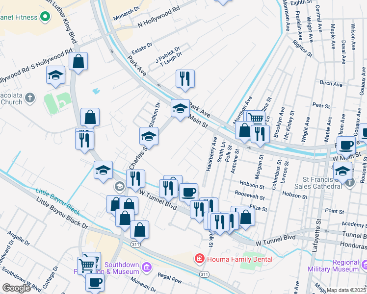map of restaurants, bars, coffee shops, grocery stores, and more near 121 Adoue Street in Houma