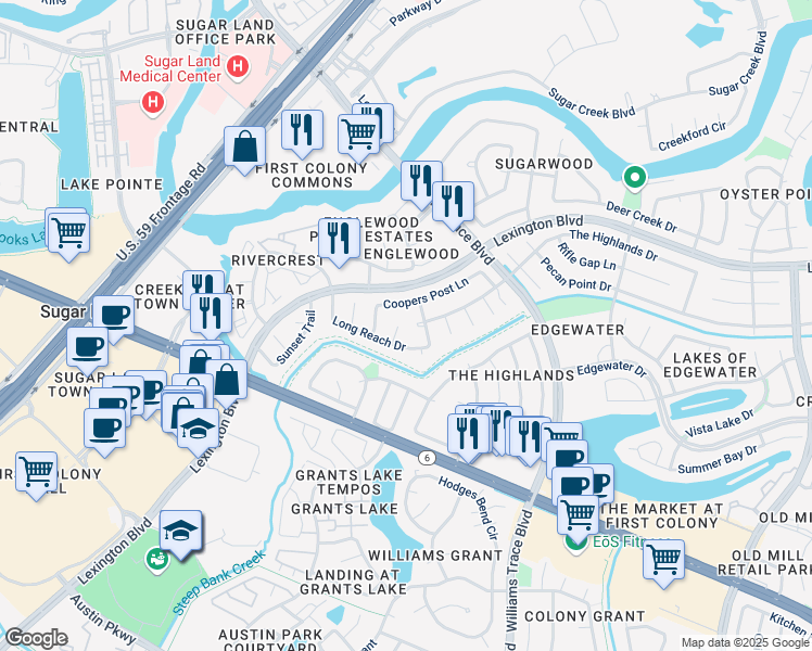 map of restaurants, bars, coffee shops, grocery stores, and more near 1907 Liberty Point Lane in Sugar Land