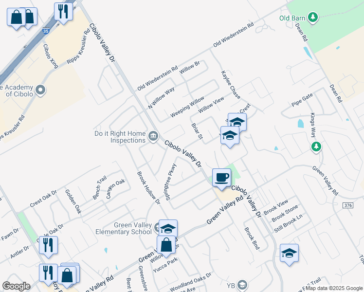 map of restaurants, bars, coffee shops, grocery stores, and more near 201 Springtree Lane in Cibolo