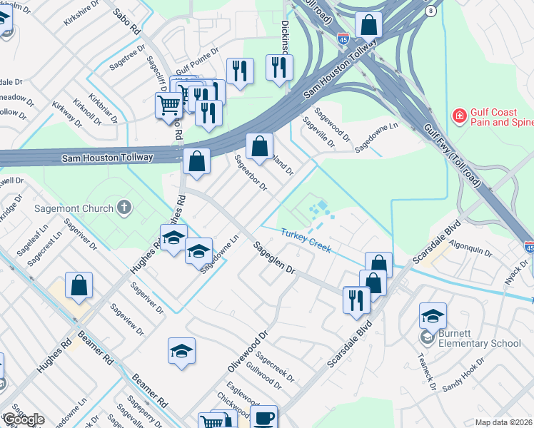 map of restaurants, bars, coffee shops, grocery stores, and more near 11606 Sagedowne Lane in Houston