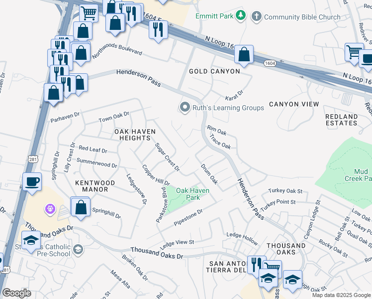 map of restaurants, bars, coffee shops, grocery stores, and more near 16507 Canyon Cross in San Antonio
