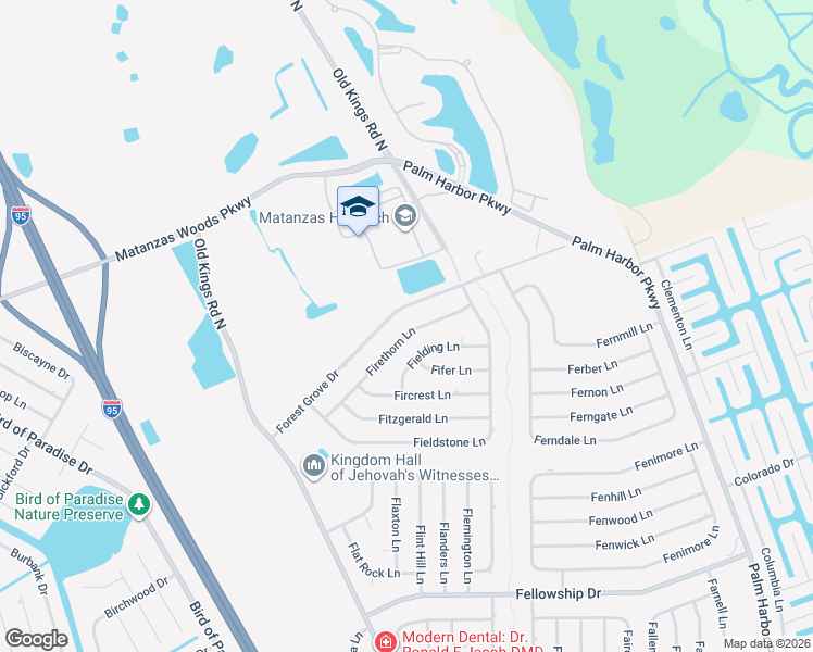 map of restaurants, bars, coffee shops, grocery stores, and more near 20 Firethorn Lane in Palm Coast