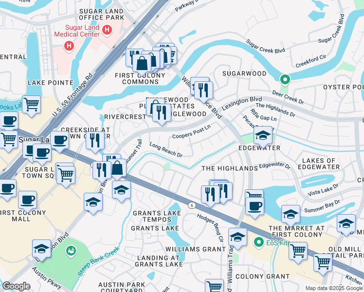 map of restaurants, bars, coffee shops, grocery stores, and more near 1907 Liberty Point Lane in Sugar Land