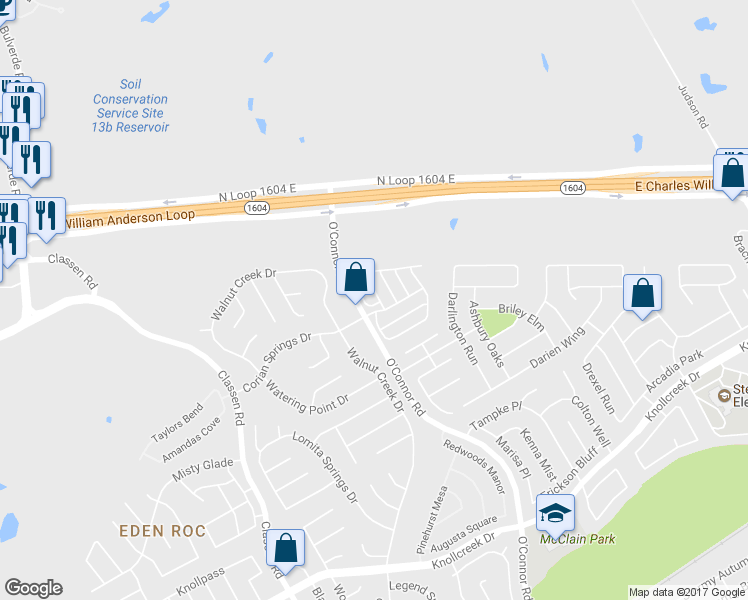 map of restaurants, bars, coffee shops, grocery stores, and more near 16114 Branching Oaks in San Antonio