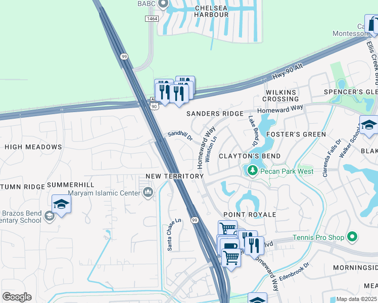 map of restaurants, bars, coffee shops, grocery stores, and more near 622 Avery Drive in Sugar Land