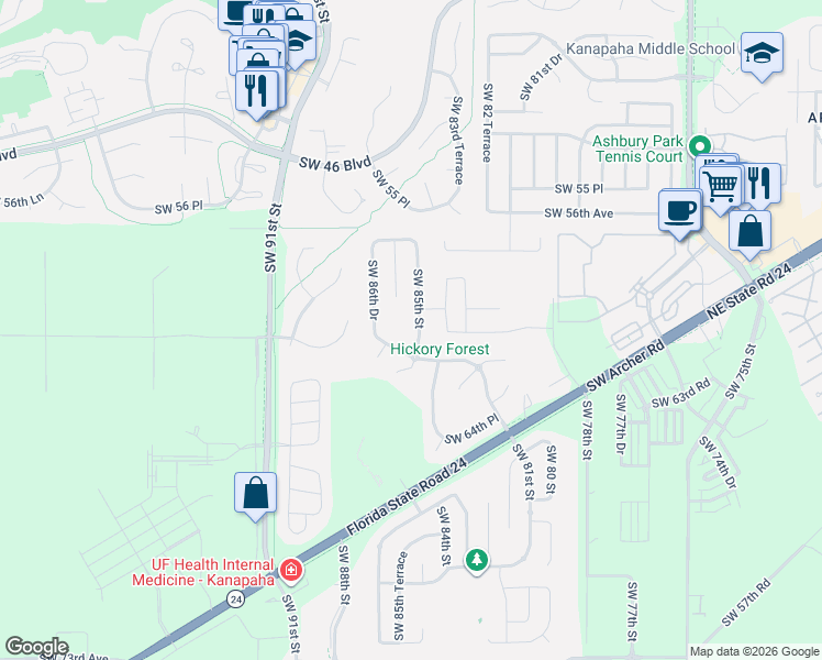 map of restaurants, bars, coffee shops, grocery stores, and more near 8610 Southwest 61st Place in Gainesville