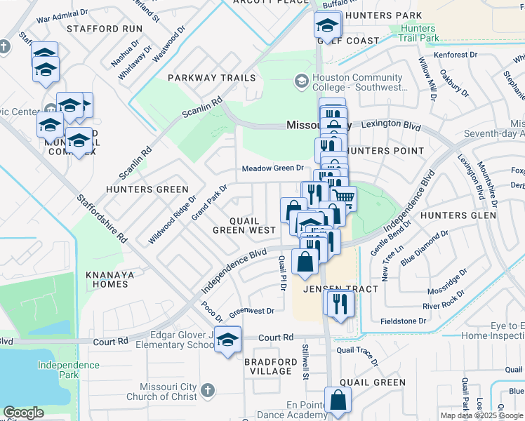 map of restaurants, bars, coffee shops, grocery stores, and more near 2002 Highcrest Drive in Missouri City