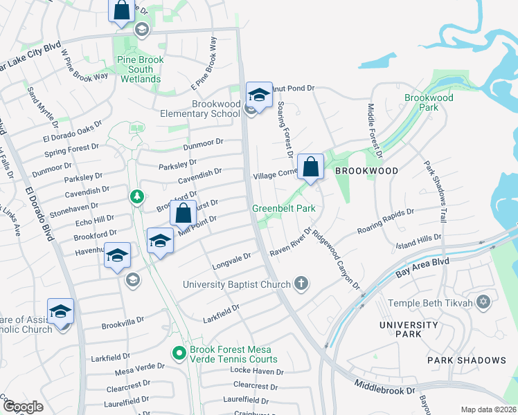 map of restaurants, bars, coffee shops, grocery stores, and more near 16451 Mill Point Drive in Houston