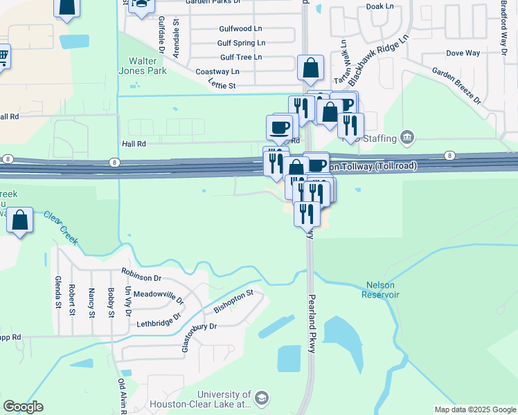 map of restaurants, bars, coffee shops, grocery stores, and more near 11576 Pearland Parkway in Houston