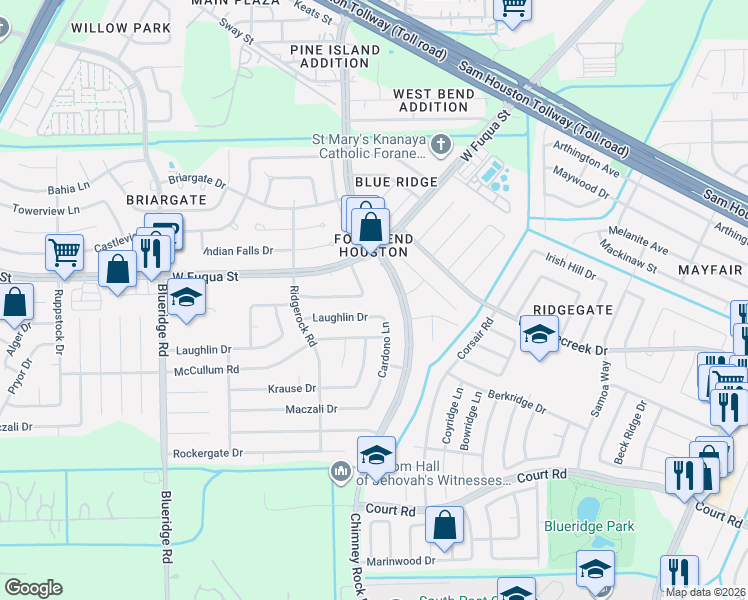 map of restaurants, bars, coffee shops, grocery stores, and more near 6611 Villarreal Drive in Missouri City