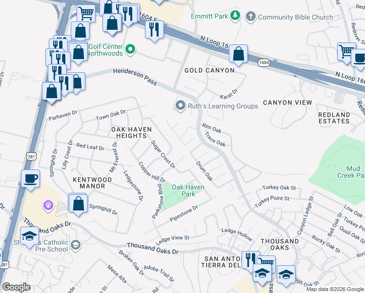 map of restaurants, bars, coffee shops, grocery stores, and more near 16507 Canyon Cross in San Antonio